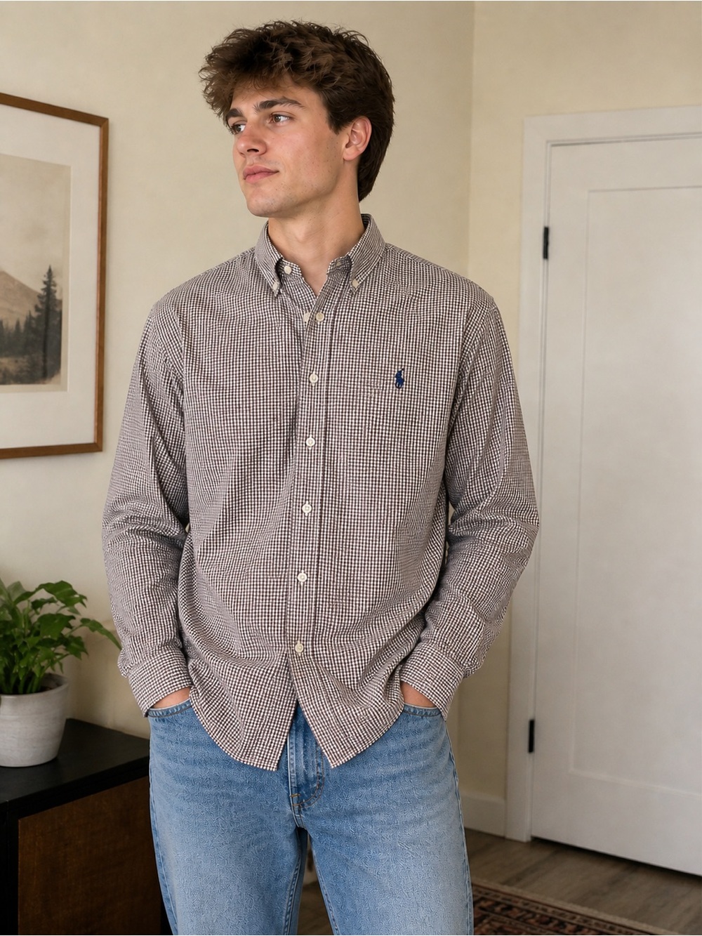 Ralph Lauren Brown and White Micro‑Check Button‑Down Shirt